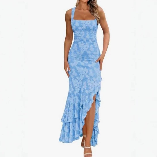 European and American style floral print dress with a halter neck, backless design, figure-hugging fit, fishtail hem, elegant and sophisticated long dress, retro evening gown, popular style European and American style floral print dress with a halter neck, backless design, figure-hugging fit, fishtail hem, elegant and sophisticated long dress, retro evening gown, popular style