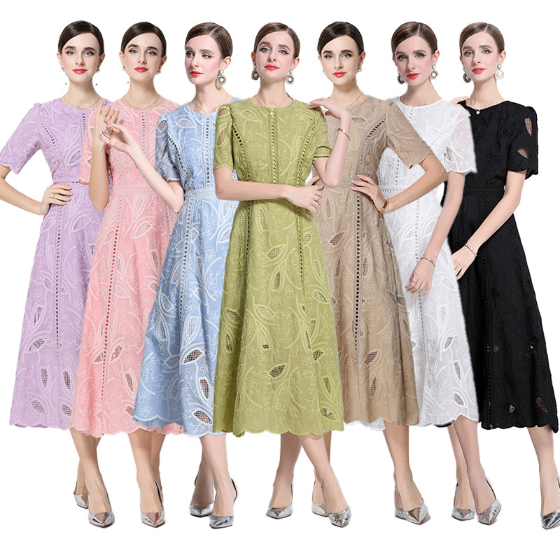Đầm maxi nữ thắt eo cổ điển Pháp ren thêu họa tiết tay ngắn — màu đen, xanh nhạt, màu hồng, Xanh da trời nhạtcolor