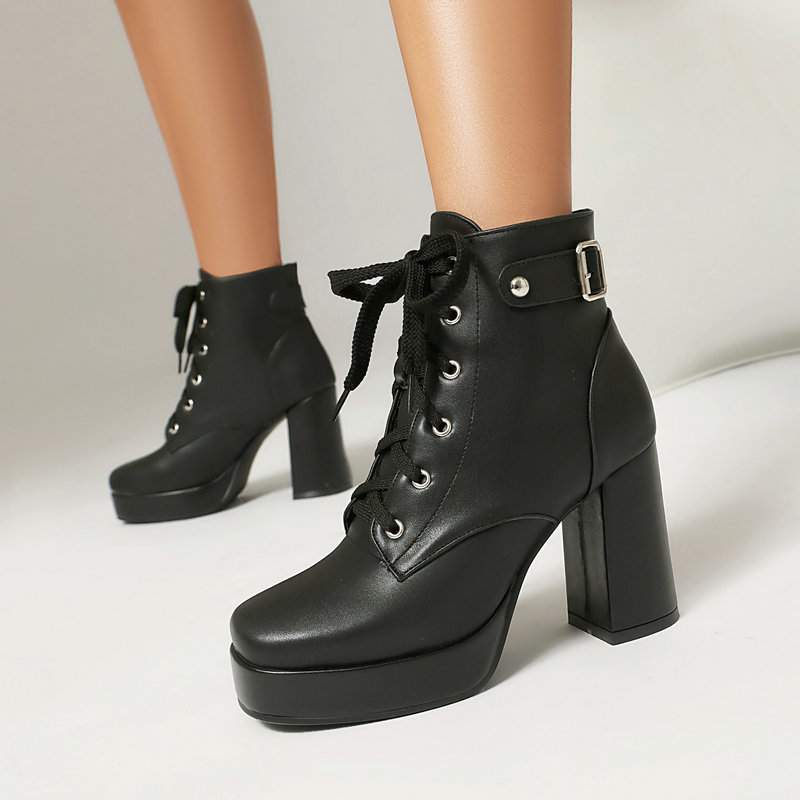Autumn and Winter Versatile Black Waterproof Platform High-Heeled Short Boots with Chunky Heels, Belt Buckle, Square Toe, Lace-Up Motorcycle Martin Boots for Women