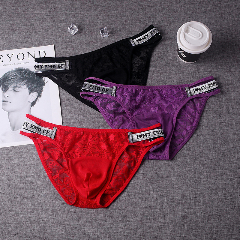 Fun low waist transparent mesh underwear men's breathable thin lace naked invisible U convex triangle thong G31#