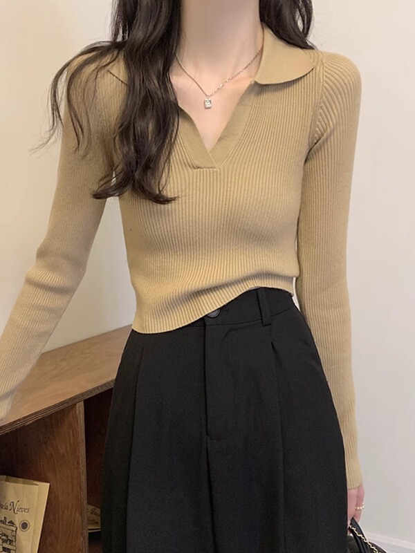 睛雅服饰灰色POLO领针织打底衫女夏季2025年新款纯欲修身短款上衣|undefined