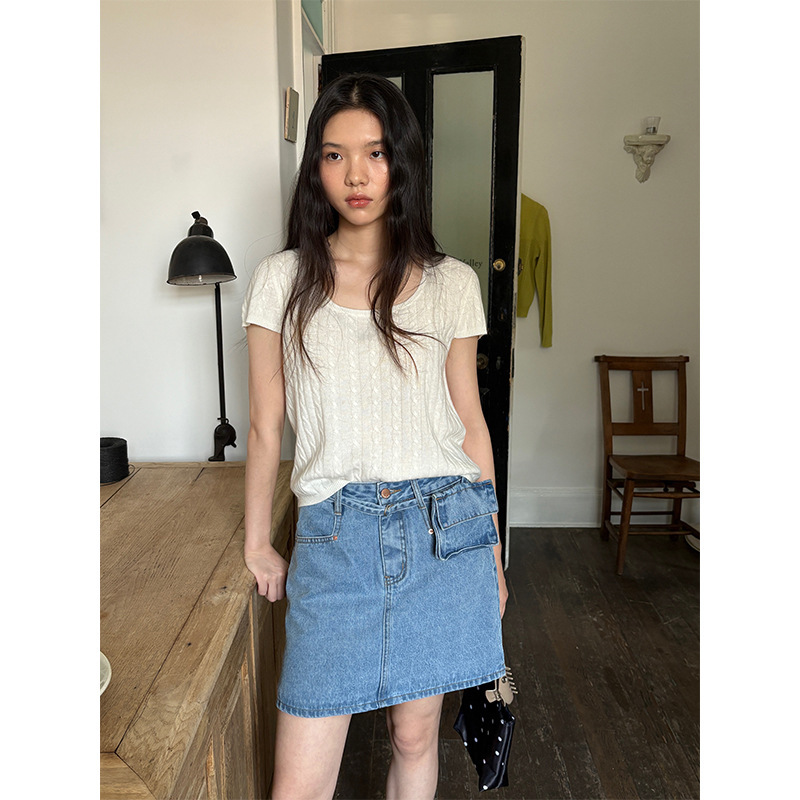 [Clearance No Returns] Fu Fang Collar Short-Sleeve Knitted Sweater for Women 2025 Ribbed Color-Block Korean Style Wool Top 1077
