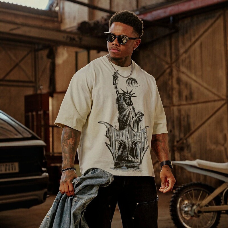 YOUNGLA American Retro Men's Oversized T-Shirt Street Hip Hop Loose Short Sleeve Jogger Sports Fitness T-Shirt