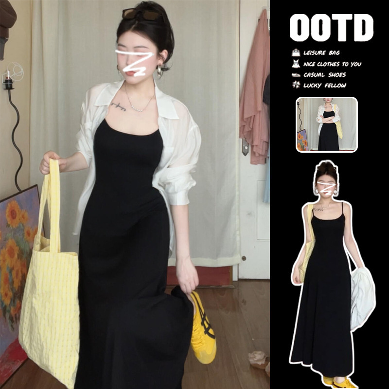 French Style Black Suspender Dress Summer 2025 New Women's Elegant Waist Slimming Look Long Skirt Autumn
