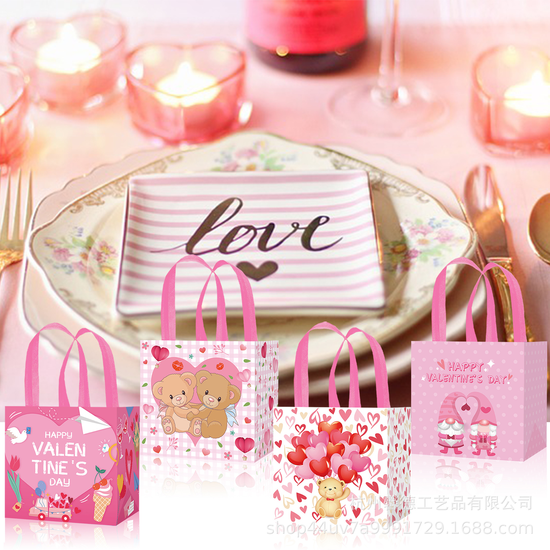 WFF027 Feliz día de San Valentín Happy Valentine's Day Fiesta con fondo lateral no tejido bolso de mano