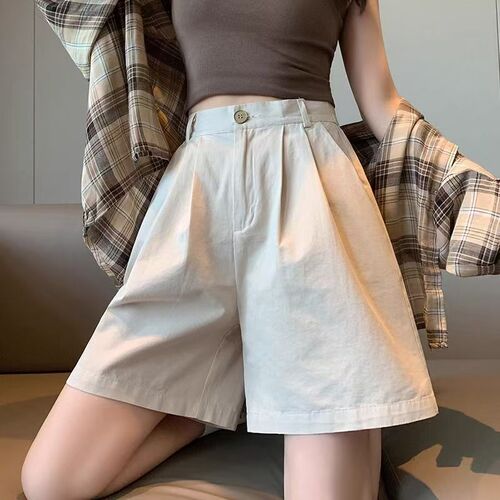 Women's 2025 Summer Thin American Pure Cotton Suit Wide-Leg Shorts Loose Slimming A-Line Five-Finger Pants Korean Style