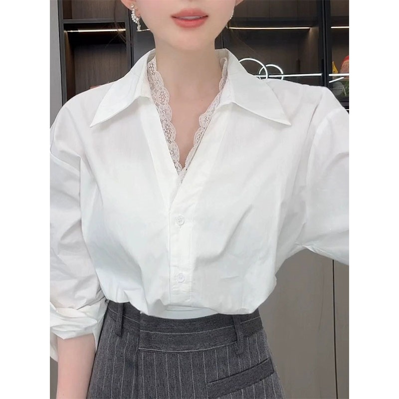 DY8112026早秋新款蕾丝花边polo领白色长袖衬衣轻奢高级感上衣ins