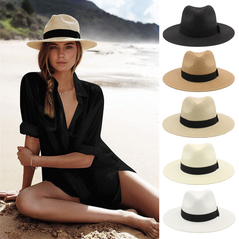 Summer Sun Protection Straw Panama Hat Wide Brimmed Beach Travel Hat For Men And Women_voghion.com