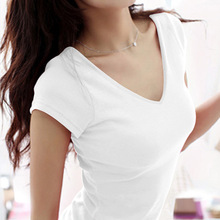 韩版夏装圆V领纯色短袖t恤大码女装修身白色打底衫半袖体恤潮