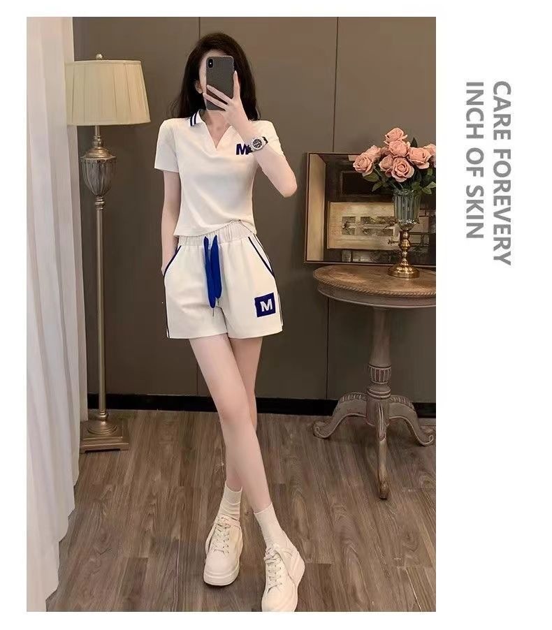 Warm Maple Casual Style Women's Sports Suit 2026 Summer New Korean Version Short Sleeve V-Neck Loose Fit_ecoleips.com