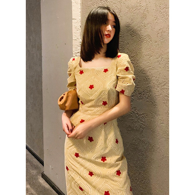 Váy maxi ren vai vuông phong cách Hepburn FL21199, chất voan mùa hè dài ngang đùi — Màu như hình