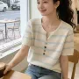 镂空条纹新款女短袖罩衫