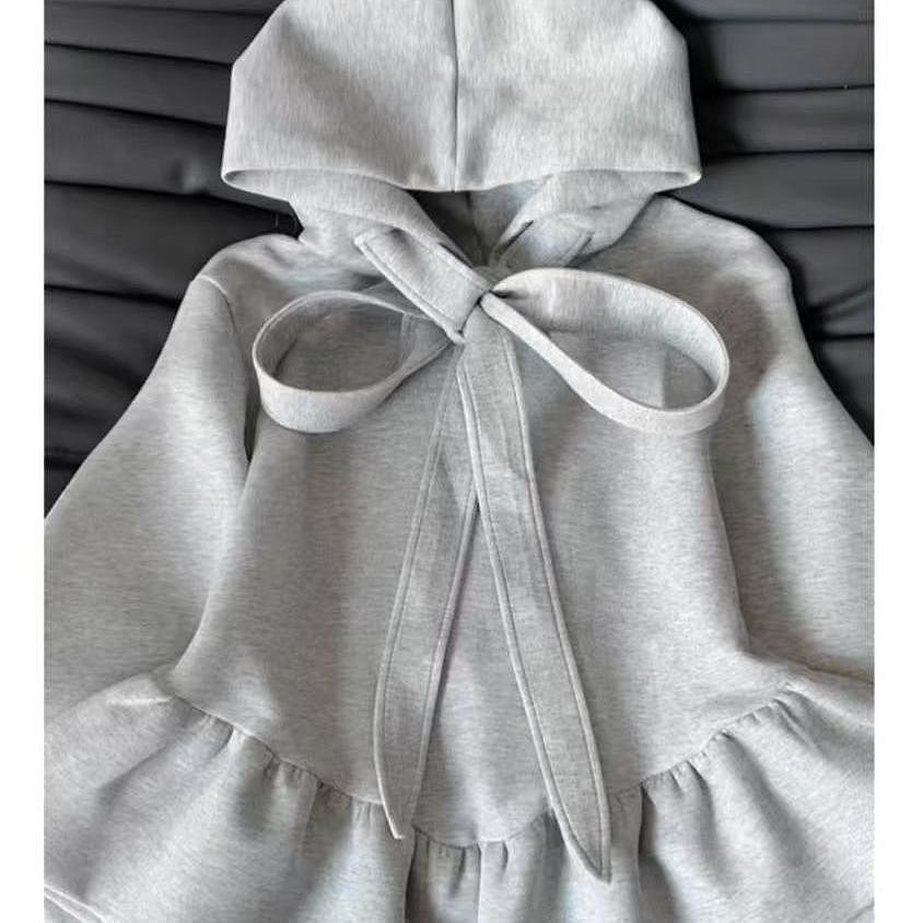 Korean-Style Bow-Tie Gray Hooded Sweatshirt for Women, Extra Large Size, Autumn 150kg Loose Floral Hem Top