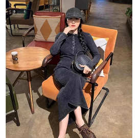 欧洲站2025秋季新款时尚水洗长袖连衣裙女高级感洋气打底长裙子