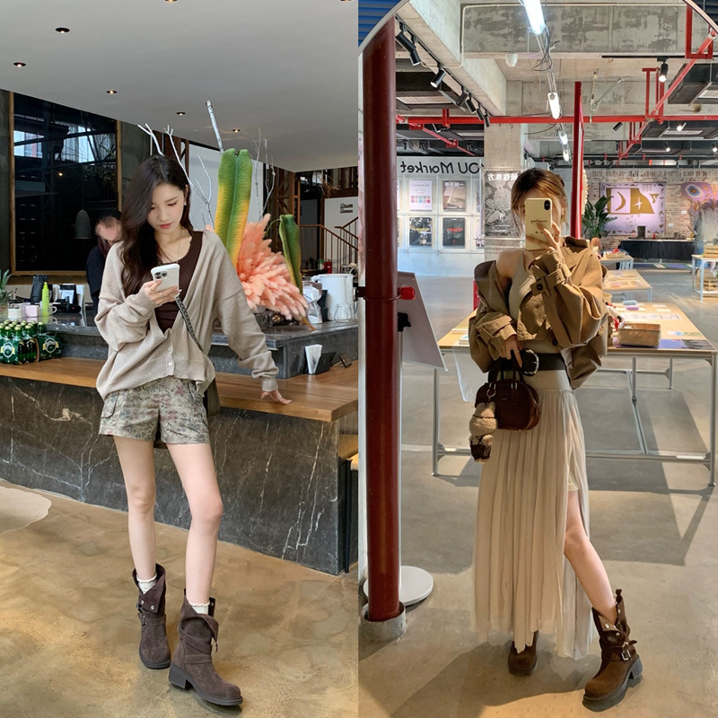 2025年新款堆堆靴新款厚底增高秋季美拉德短靴粗跟皮带扣马丁靴女|undefined