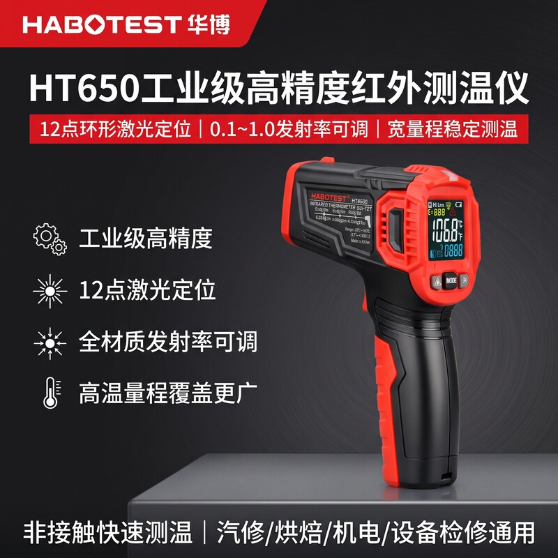 Huabo Ht650Abc Temperature Measuring Gun Industrial Infrared Thermometer Kitchen Oil Temperature Handheld High-Precision Laser Temperature Gun