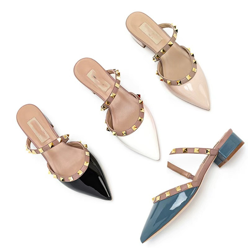 Small Crowdsourcing Sandals and Slippers Women's Outer Wear 2025 Spring and Summer New Fashionable Pointed Thick Heel Rivet Patent Leather Lazy Shoes