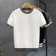 新商品の軽い熟風の気質の韓国版の半袖のニットの復古的な衝突の色の条の品質の氷のさわやかな糸の潮の男のtシャツの上着