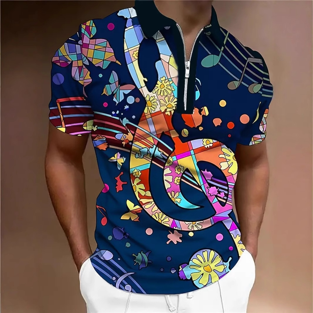 Arte abstracto, notas coloridas, estampado 3D, personalidad de la calle de verano para hombres, cremallera de manga corta, camisa POLO suelta y transpirable