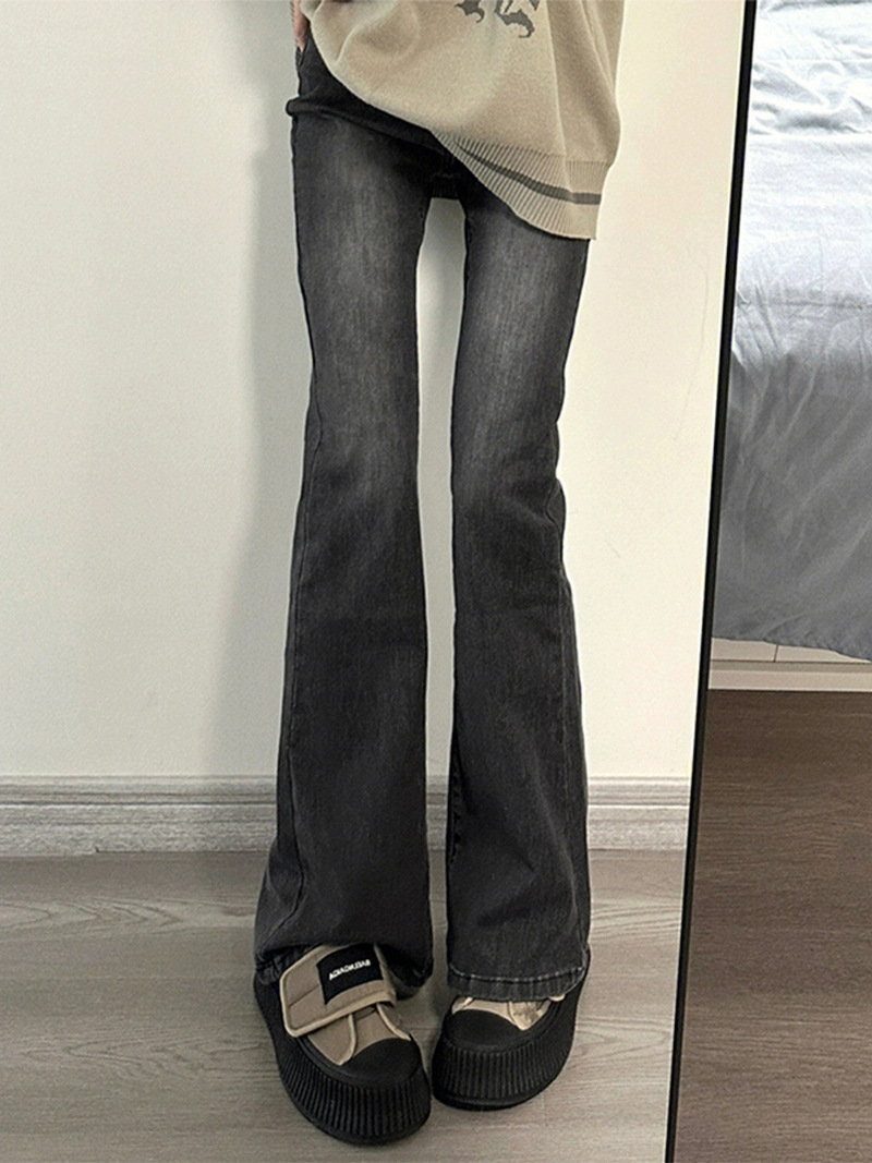 Women's High Waist Stretch Flared Jeans - Vintage Black Gray Bootcut Pants For Spring, Straight Leg To Floor Length​_ecoleips.com