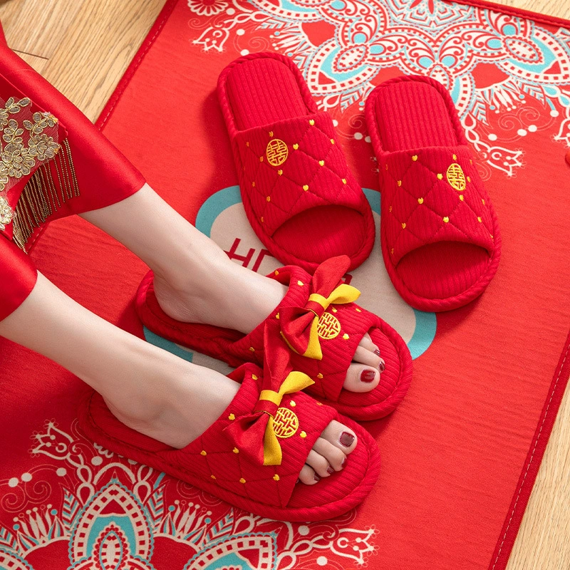 Свадебные тапочки для молодоженов, приданое невесты, праздничные красные туфли с символикой двойного счастья, весенне-осенняя свадебная обувь.