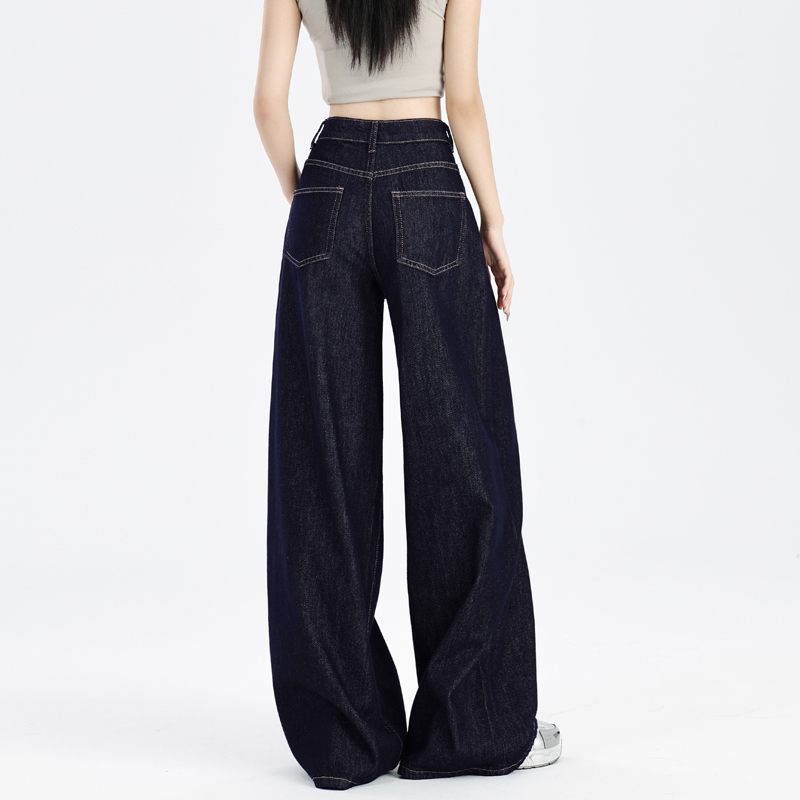 Autumn Regular American Dark Blue Jeans for Women 2024 New Style Small High Waist Slim Straight Leg Loose Wide Leg Pants