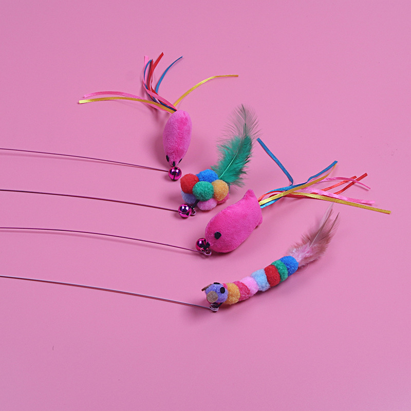 Transfronterizo nuevo alambre de acero pluma divertido gato palo gato juguete con alambre de acero Bell ratón pescado suministros para mascotas al por mayor
