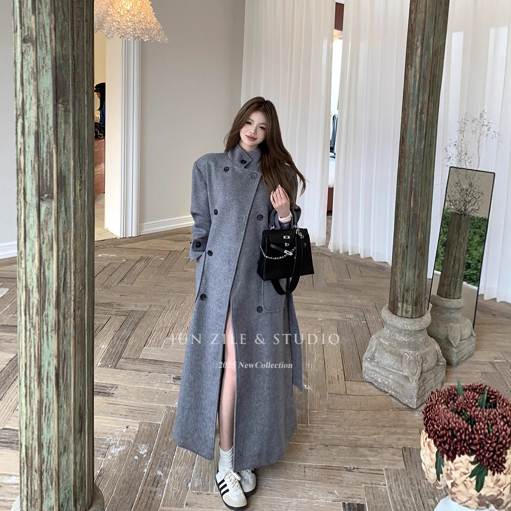 Woolen Outwear Loose Waist Strap Stand Collar Retro Korean Style High-End Double-Breasted Outwear for Tall Women Long Style