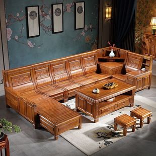 Solid Wood Sofa Set with Camphor Wood, Antique-Style Living Room Sofa, Chinese Classical Rural Corner Chaise Longue with Storage