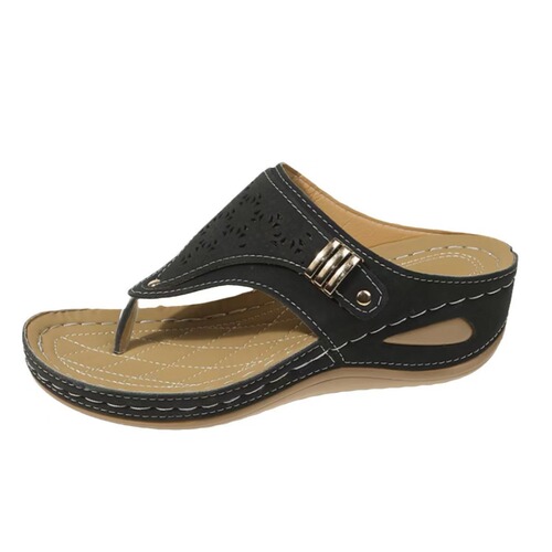 Large-size solid-color summer round-toe chunky-sole fashionable hollow-out women's outdoor H-shaped flip-flops