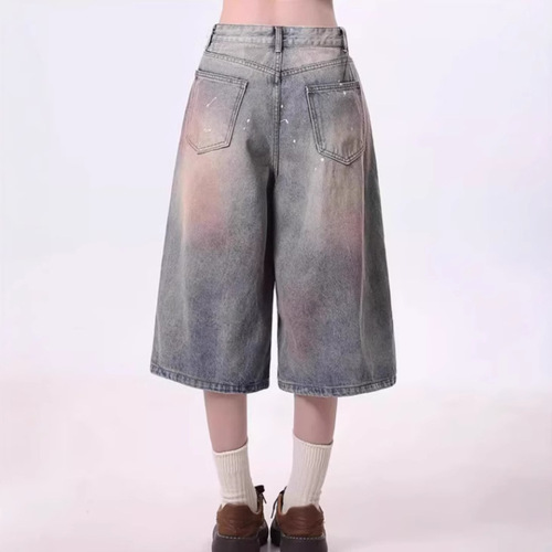 Vintage American Streetwear Relaxed Women's Summer Washed Retro Straight Leg Pants Ink Splash High Street Loose Seven-Eighth Pants