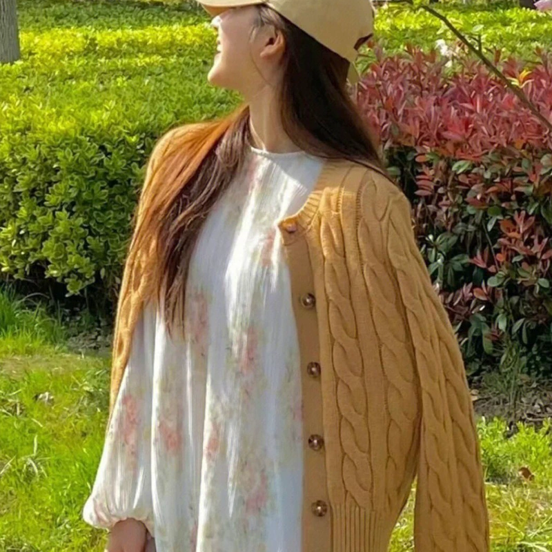 Винтажный вязаный кардиган для женщин с вышивкой логотипа лошади, шерстяной свитер-пальто с узором косичка, ретро-стиль