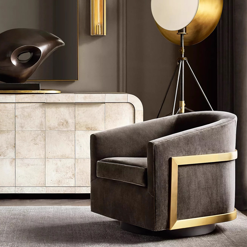 美式乡村风格沙发椅意式现代客厅单人休闲椅金属凳脚布艺雷金纳德