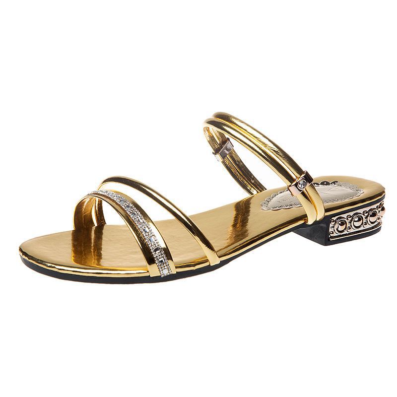 Sandalias de gama alta de dos vías para mujer ropa de verano 2023 nuevo estilo coreano versátil moda mujer tacón bajo Tallas grandes sandalias de diamantes de imitación