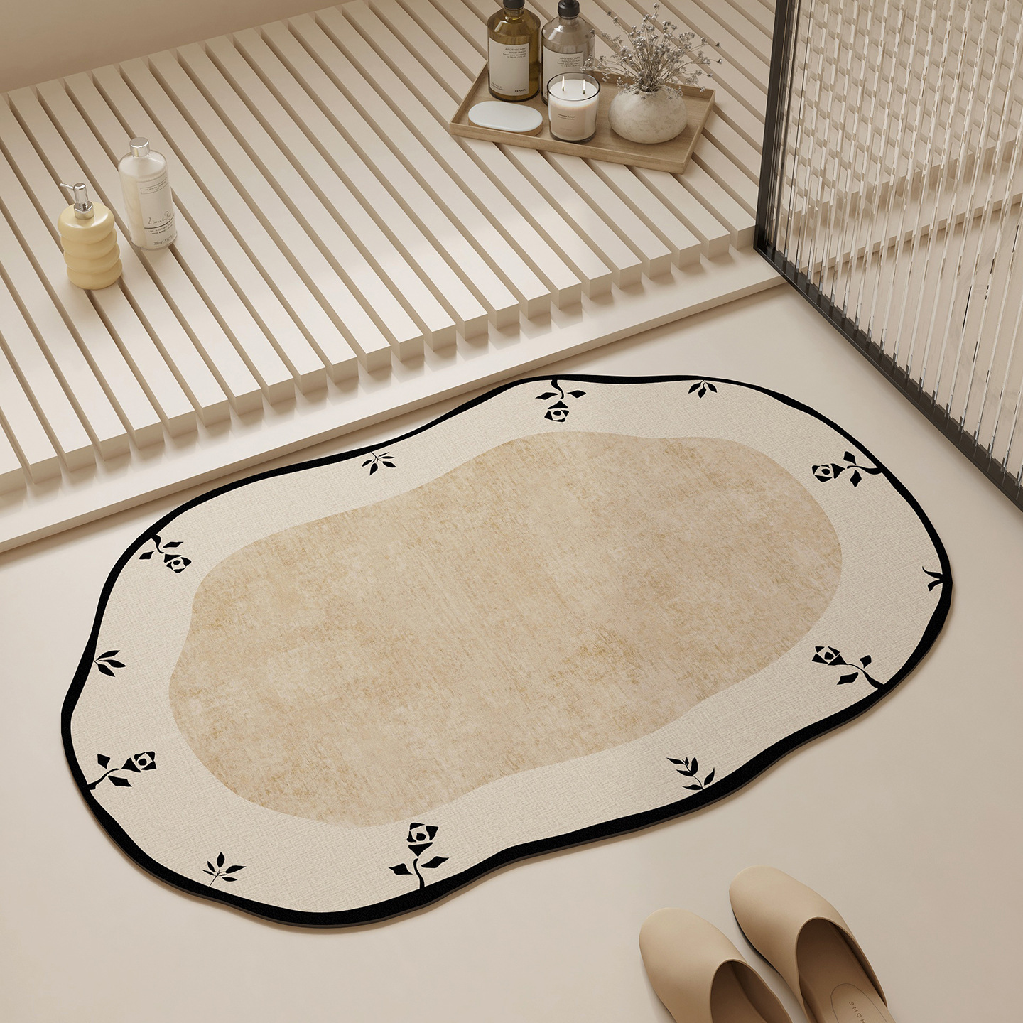 Gebruikte badkamermat, absorberende mat van diatomeeënaarde voor de deuropening, Franse retrostijl, luxe uitstraling._voghion.com
