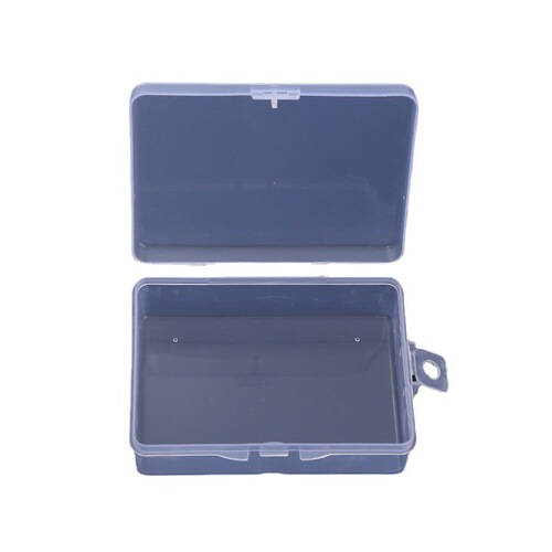Rectangular transparent plastic box with locking mechanism, featuring hardware components, electronic parts, fishing gear accessories, and decorative items—perfect for packaging and storage.