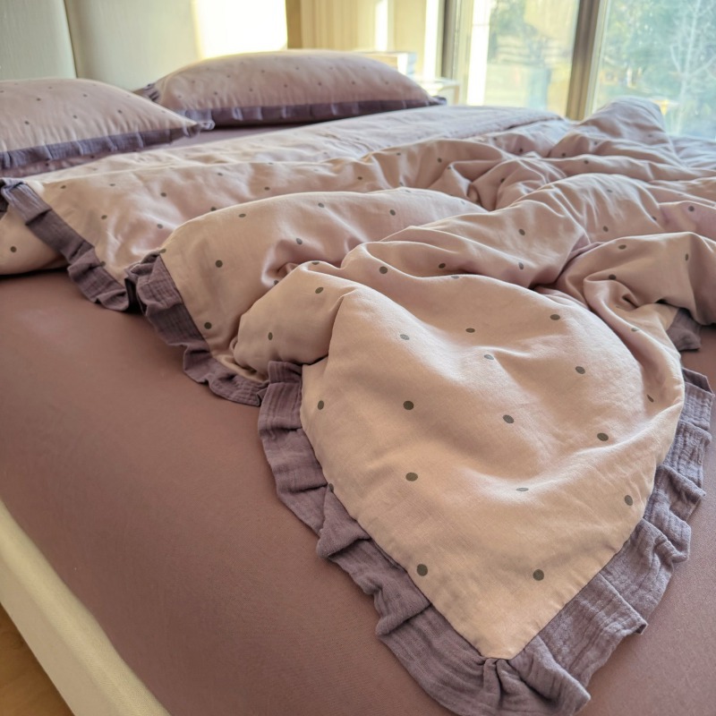 Retro Floral Pure Cotton Double-Layer Gauze Four-Piece Set, All-Cotton A-Grade Maternal and Infant-Grade Crinkled Gauze Lace Single Bed Three-Piece Set