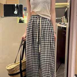 韩女格纹裤）亚麻透气舒适黑白格子休闲时髦休闲慵懒百搭神裤