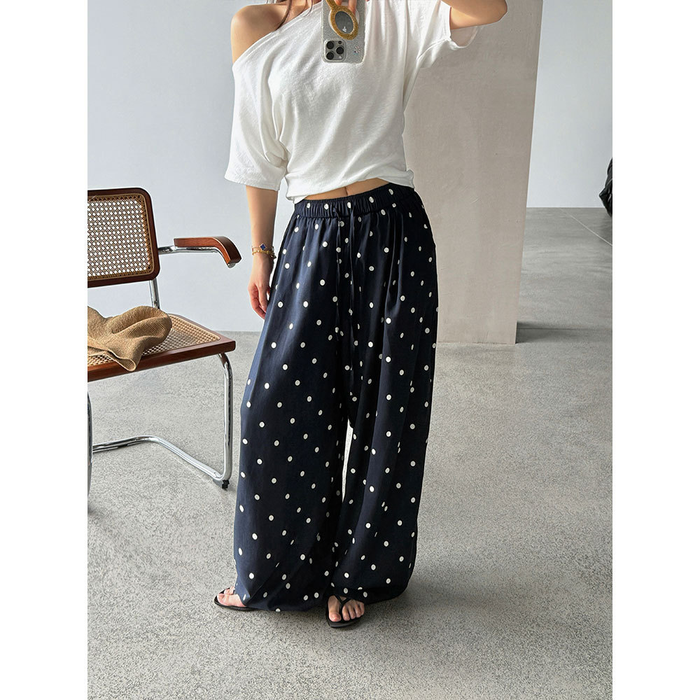 【王琪芝】苎麻设计感波点阔腿裤女春夏高腰宽松通勤休闲裤WQ252