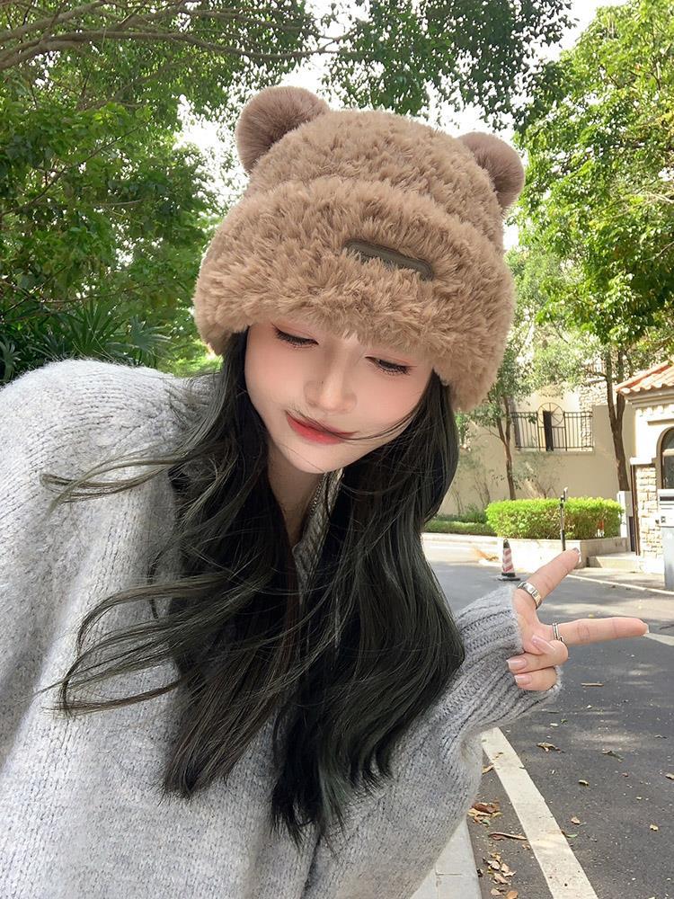 Qoo10] 秋冬ぬいぐるみクマ帽子レディースニット帽