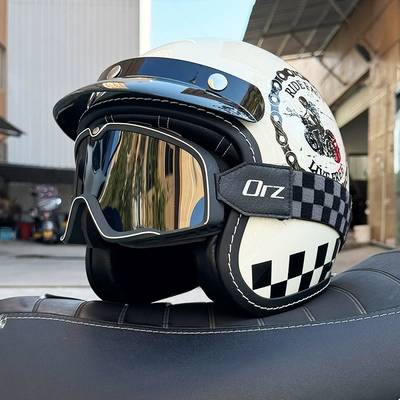 helmet winter retro half helmet electric Motosiklet dəbilqələri - m-ivory-white-uninhibited-retro-black-tea-goggles