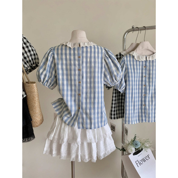Blue colored summer design lace shirt with a round collar