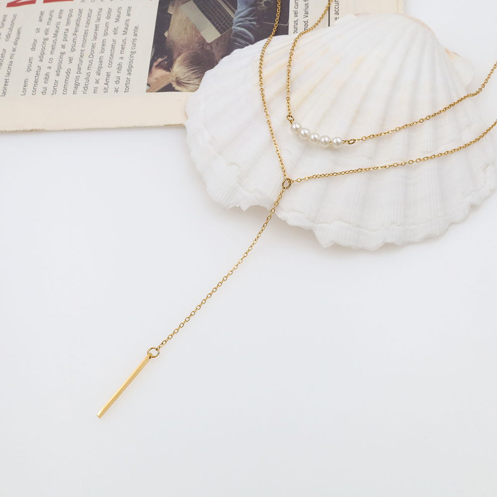 Double Layered Necklace Elegant Fashion Simple Style Fringe Pearl Stainless Steel Necklace