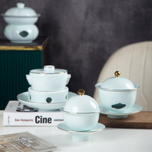 景德镇金边青瓷炖盅商用一人食保温汤盅隔水炖盅带盖甜品碗小炖罐
