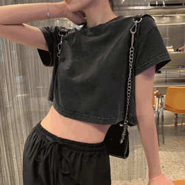 棉洗水布做旧 复古做旧女短袖t恤高腰短款露脐上衣