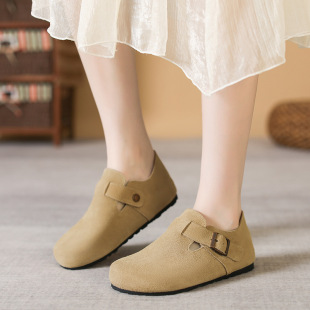 Cowhide Version 2025 New French Retro Genuine Leather Closed-Toe Flat Slip-On Shoes with Fleece Lining for Warmth, Birkenstock-Style Women's Shoes