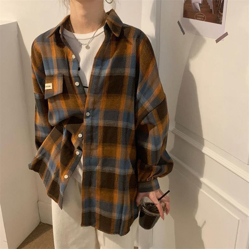 Korean Style College Style Plaid Shirt Jacket for Women with Loose Design, Slimming Look, Casual and Lazy Style, Early Autumn Outer Shirt