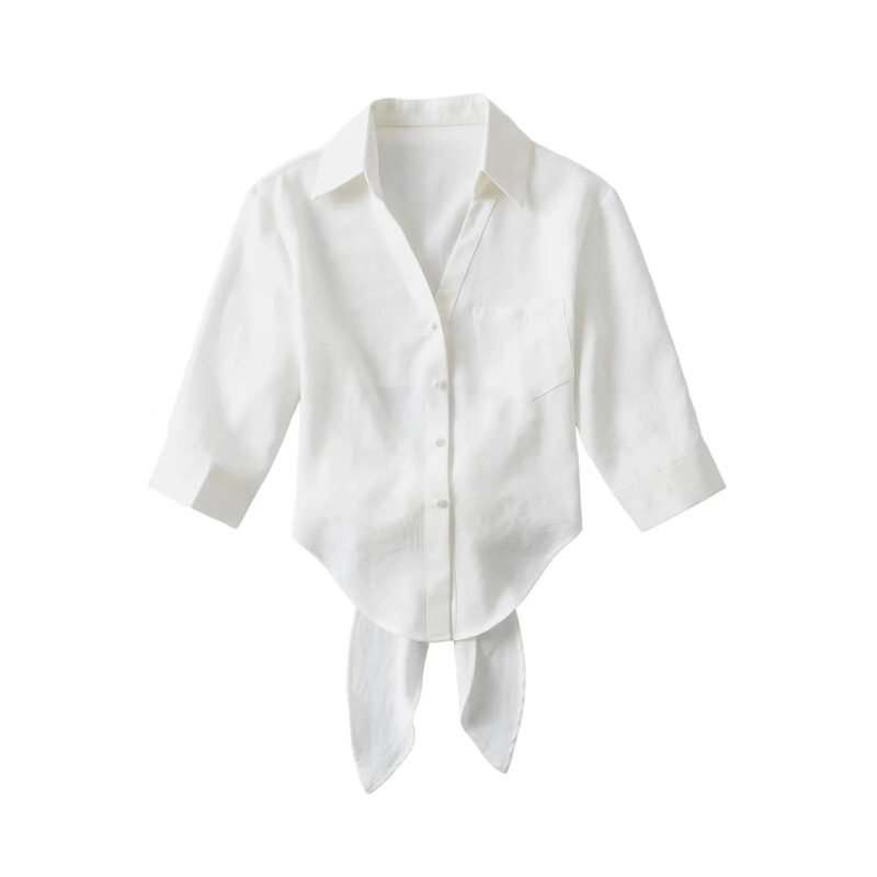 Open-Waist Tie-Front Three-Quarter Sleeve Shirt for Women, 2026 Summer New Style, Spicy White Slim-Fit Short Top That Enhances the Figure Open-Waist Tie-Front Three-Quarter Sleeve Shirt for Women, 2026 Summer New Style, Spicy White Slim-Fit Short Top That Enhances the Figure