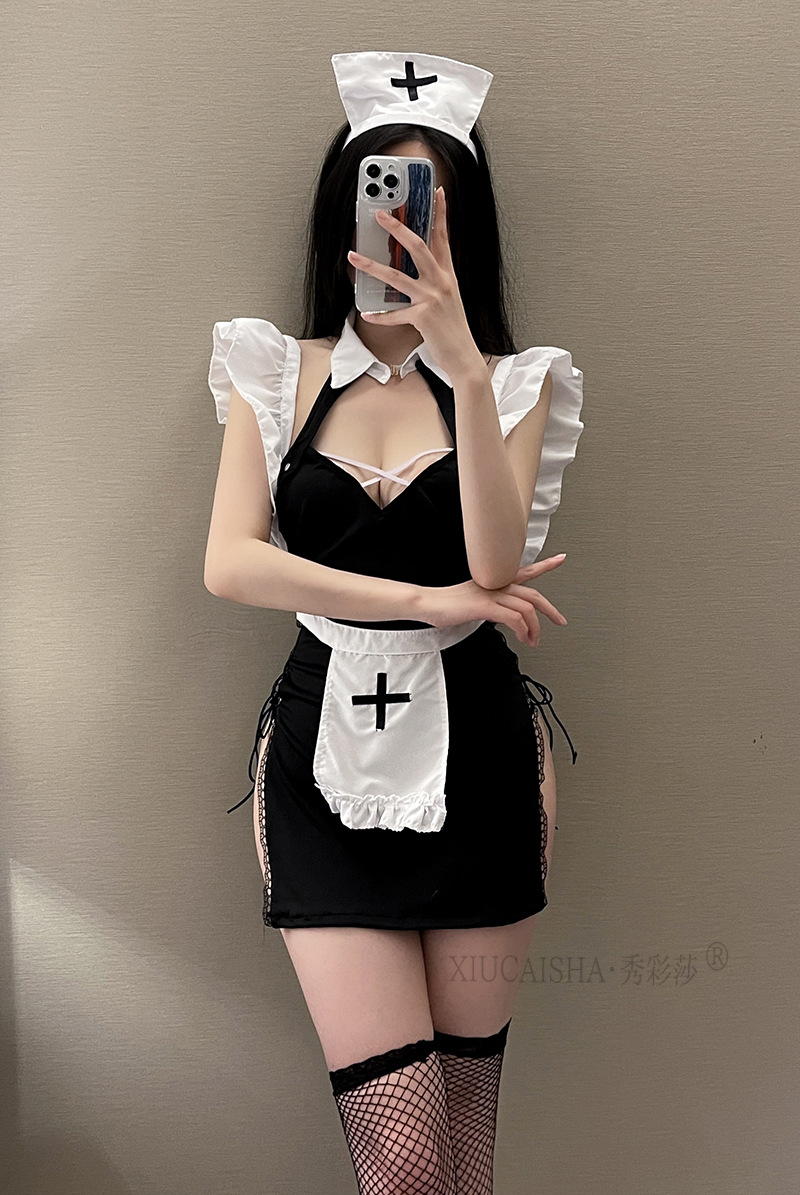 Nun Roleplay Lingerie Set with Headpiece, Thong and Fishnet Stockings, Plus Size Maid Uniform — detail image 10