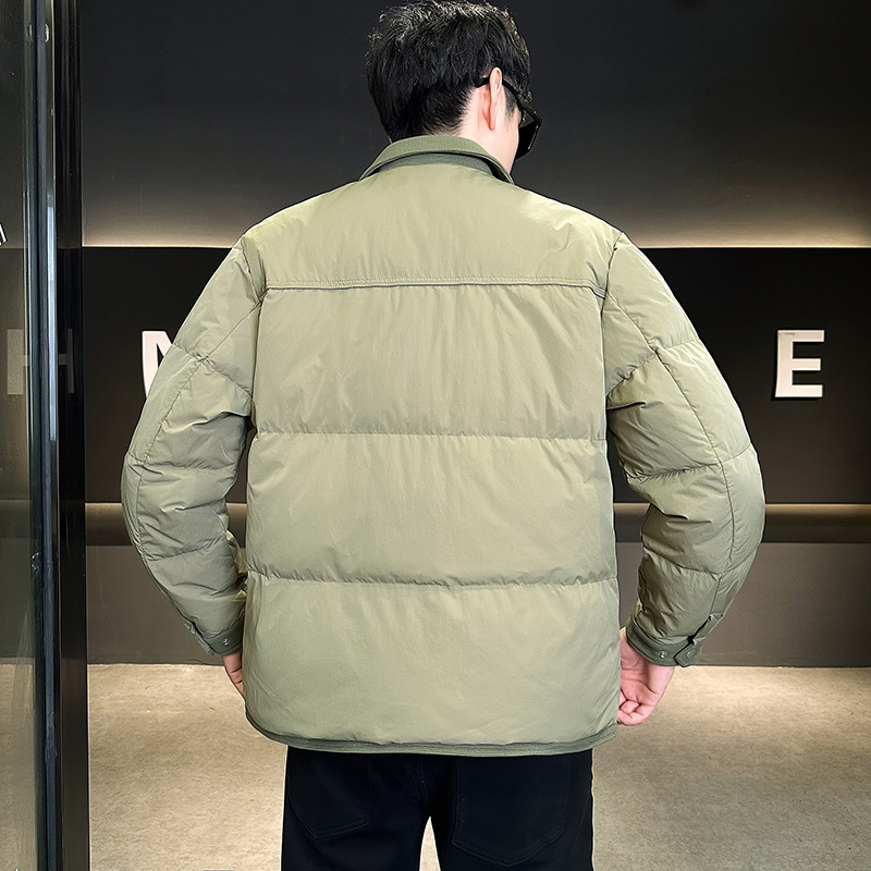 24 invierno nuevo estilo joven estilo comerciante coreano con capucha cálida casual color de contraste chaqueta de plumón de pato blanco para hombres